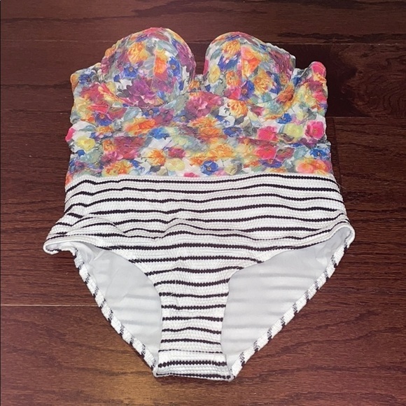 ModCloth One Piece Halter Floral Striped Swimsuit - Picture 2 of 3